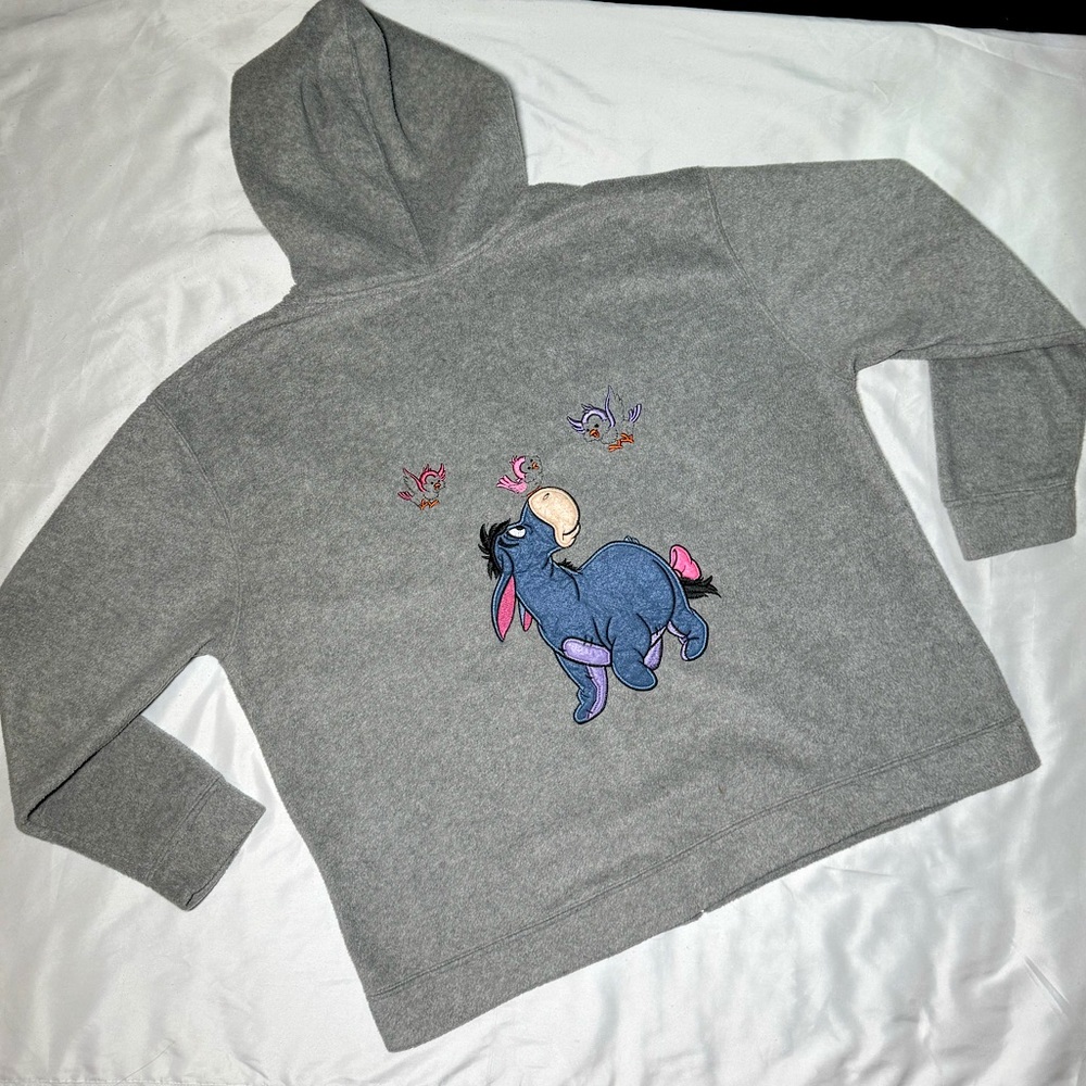 Vintage Disney Winnie The Pooh Eeyore Embroidered Fleece Grey Hoodie